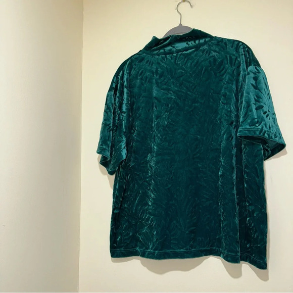 Women’s Plus Vintage Green Leaf Print Velvet Floral Hugh Neck Short Sleeve Top - Picture 8 of 11